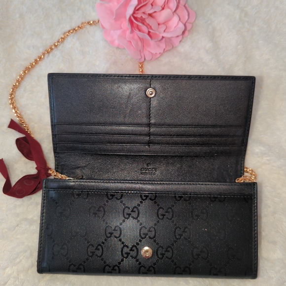 Gucci  Authentic Impreme Black Monogram Wallet With Gold Chain And Dust Bag - Picture 5 of 12